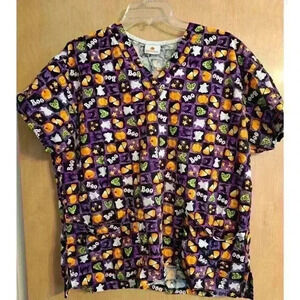 Peaches Womens Scrub Top L Large Halloween Ghost Pumpkin V Neck Pocket Orange